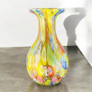 Murano Italian Glass Vase Gold Flecks Aventurine Large Multicolor Millefiori VTG